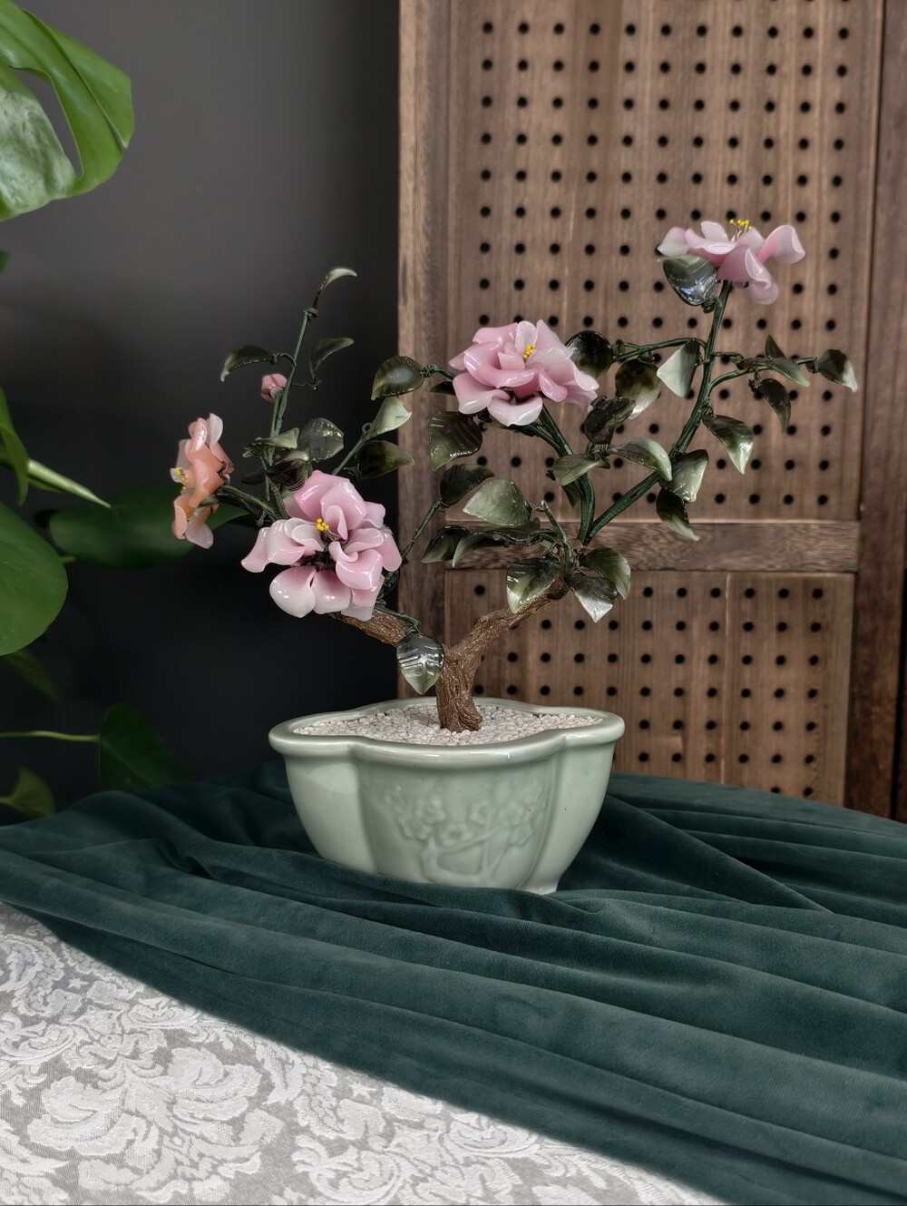Vintage Chinese Glass "Jade" Bonsai Tree — Tree in Celadon Pot